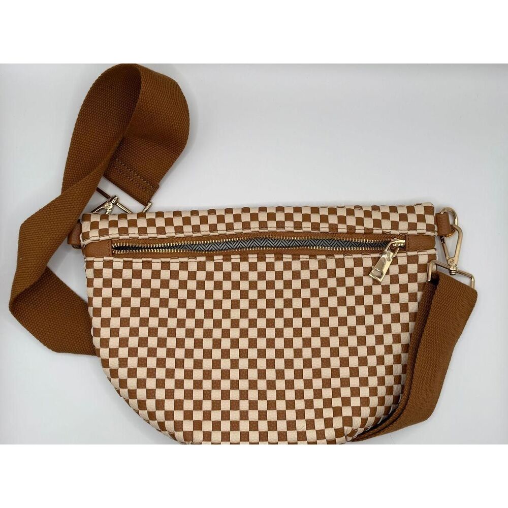 Pretty Simple Westlyn Woven Bum Bag Checkered Tan Cream Crossbody Adjustable
